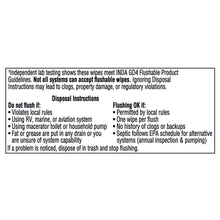 Flushable wipes package back panel with disposal instructions text