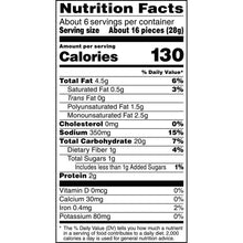 Nutrition Facts label for cheddar rice crisps, 130 calories per serving