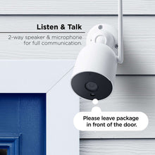 White outdoor security camera mounted on wall with 2-way audio speaker and mic