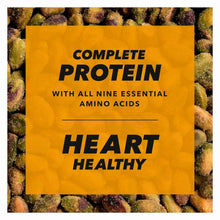 Honey roasted pistachios promo panel with “complete protein” and “heart healthy” text