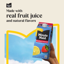 Strawberry lemonade drink carton held in hand, with "Made with real fruit juice" text