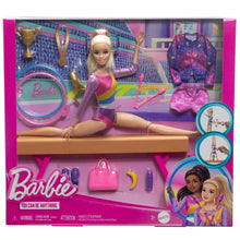 Barbie gymnastics playset box showing doll on beam and packaged accessory items