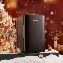 Black compact mini fridge with single door and AstroAI logo