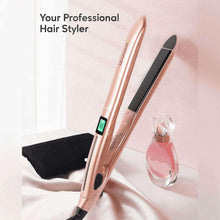 Champagne gold hair straightener with flat titanium plates and LCD temperature display