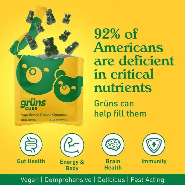 Gruns Kids Sugar-Free Super Greens Gummies, 21+ Vitamins & Minerals, 60 Organic Ingredients, Ages 2+, 12 Servings