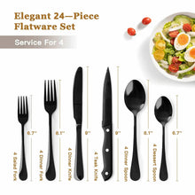 24-piece black flatware set for 4, including forks, spoons, and steak knives.