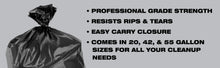 Black contractor trash bag features list: strength, tear resistance, easy carry closure