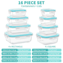 Stack of clear glass food containers with blue locking lids, multiple sizes shown
