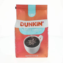 Dunkin French Vanilla ground coffee bag front with cup of dark coffee