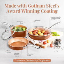 Copper hammered nonstick frying pan with lid, shallow interior and side handles