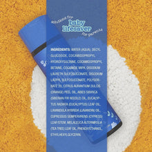 Baby vapor bath ingredient panel on blue label, with water and essential oil list