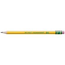 Yellow #2 HB pre-sharpened pencil with pink and green ring accents