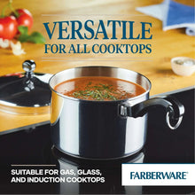 Stainless steel sauce pan with lid and side handle, with visible contents