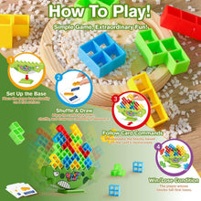 Balance game setup with green dinosaur base, multicolor blocks, and instruction cards