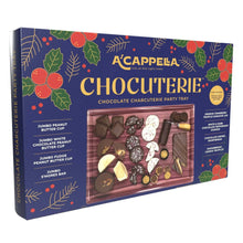Chocolate charcuterie party tray gift box, navy with festive leaf and fruit graphics