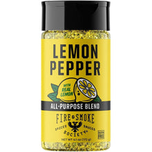 Lemon pepper all-purpose seasoning bottle with black lid and yellow label.