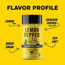 Lemon pepper seasoning flavor profile graphic with black lid bottle and ingredient arrows.