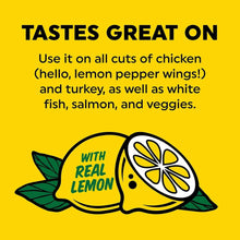 Lemon pepper seasoning package design with real lemon and cracked pepper icons.