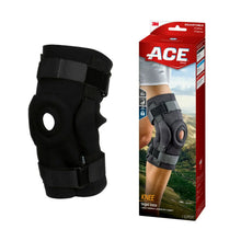 Black hinged knee brace with adjustable straps and open knee support panel