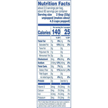 Nutrition Facts panel for microwave popcorn, serving size 2 tbsp (32g), calories 140