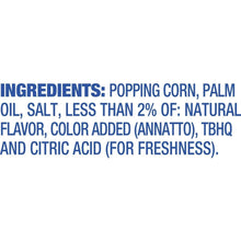 Ingredients label for microwave popcorn: popping corn, palm oil, salt, natural flavor