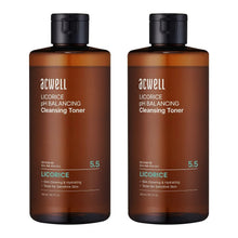 ACWELL licorice pH-balancing cleansing toner twin bottles with amber liquid and black caps