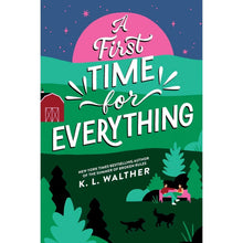 Paperback book with colorful front cover, pink moon, green hills, dogs and stars