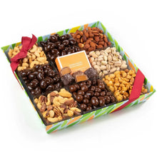 Assorted nut and chocolate gift tray in green striped box with red bow