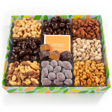 Assorted nut and chocolate gift tray with four sections in a green striped box