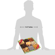 Assorted nut and chocolate gift tray with 13.5 inches measurement on silhouette