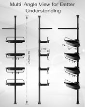 Black corner shower caddy with four shelves, shown with size measurement guides