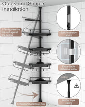 Black corner shower caddy installed with extendable tension pole against tile wall