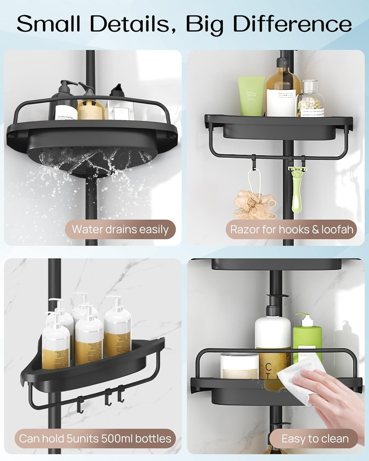 ALLZONE Corner Shower Caddy Tension Pole, Extendable Rustproof Stainless Steel Pole & 4-Tier Adjustable Shelves for Easy Drainage and Built-to-Last Stability, 34 to 116 Inches, Black