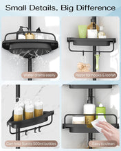 Black corner shower caddy with four shelves and curved frame for easy drainage