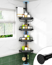 Corner shower caddy with black extendable tension pole and four tiered shelves