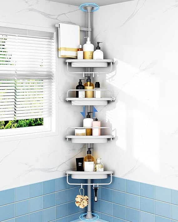 ALLZONE Corner Shower Caddy Tension Pole, Extendable Rustproof Stainless Steel Pole & 4-Tier Adjustable Shelves for Easy Drainage and Built-to-Last Stability, 34 to 116 Inches, Black