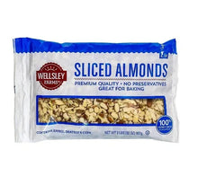 Sliced almonds bag with blue-and-white label and almond pieces window