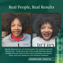 ALODIA hair and scalp oil bottle with before-and-after curly hair results