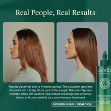 ALODIA hair and scalp oil bottle with before-and-after hair comparison