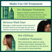 ALODIA hair and scalp treatment label showing pre-shampoo, between-wash, and hot oil uses