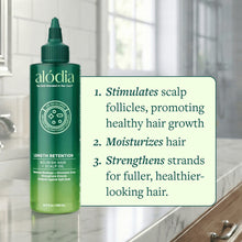 Hair treatment bottle with green pump nozzle and Alodia label