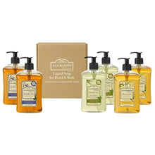 Liquid hand and body soap bottle set with pumps and gift box, assorted scents
