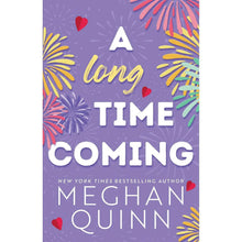 Paperback book cover, purple with title 'A Long Time Coming' and author Meghan Quinn