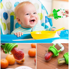 Baby fruit feeder pacifier with green silicone pouch, child using feeder toy
