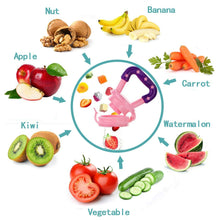 Baby fruit feeder pacifier showing fruit and vegetable pouch feeding ideas