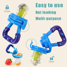 Blue baby fruit feeder pacifier with non-leaking open and close mechanism