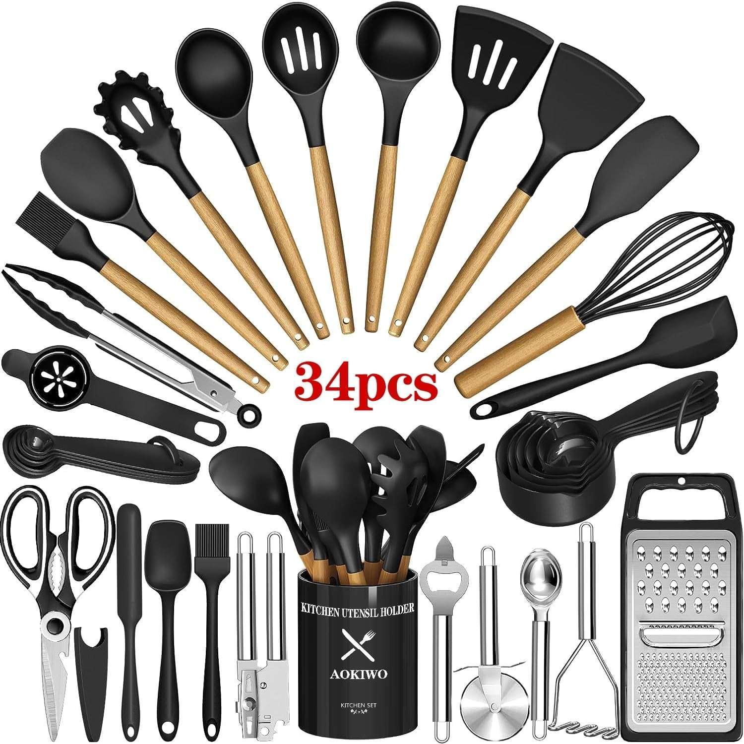 AOKIWO Kitchen Utensils Set- 34PCS Silicone Cooking Utensil Set with Wooden Handles, Heat Resistant Kitchen Spatula Gadgets Tools Set for Nonstick Cookware-Black