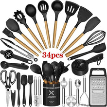 Black silicone kitchen utensils set with wooden handles, 34-piece assortment in a holder
