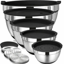 Stainless steel mixing bowls with black airtight lids and grater discs