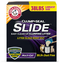 Clump & Seal Slide cat litter box, 38 lb, multi-cat clumping litter packaging.